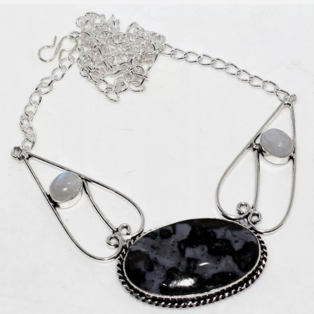 New Mystic Merlinite and Rainbow Moonstone Silver Necklace.